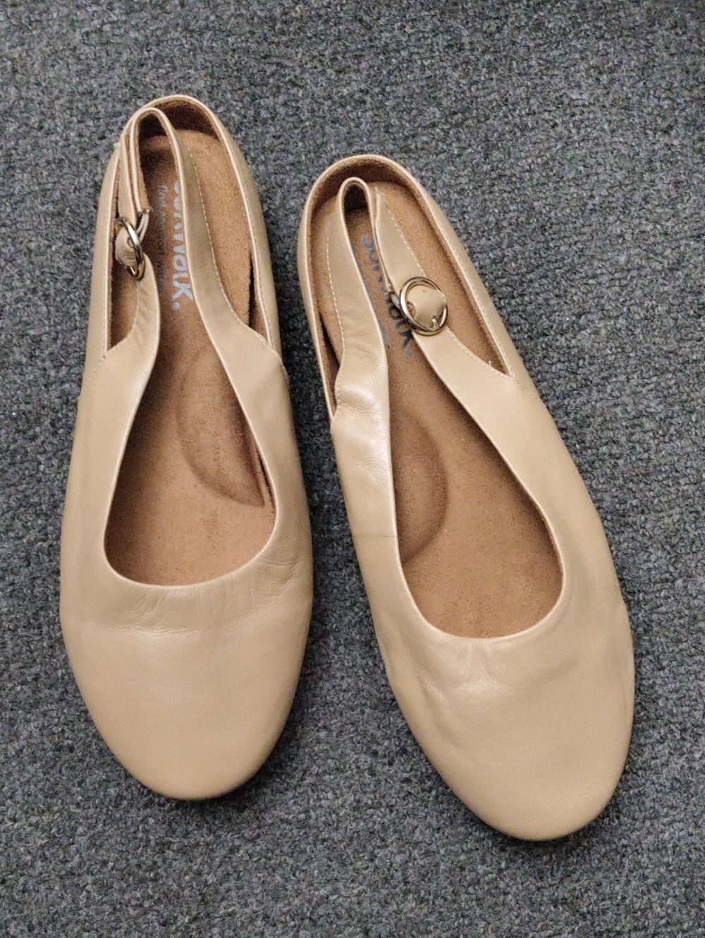 SoftWalk Beige Slingback Leather Flats with Buckle